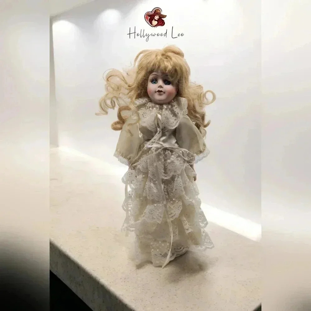 Vintage Porcelain Doll Blonde Blue Eyes Lace dress 16 in.